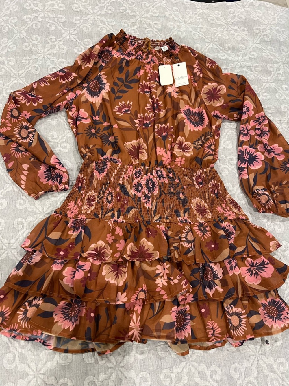 Allison New York Brown Floral Smocked Waist Long-Sleeve Ruffle Dress